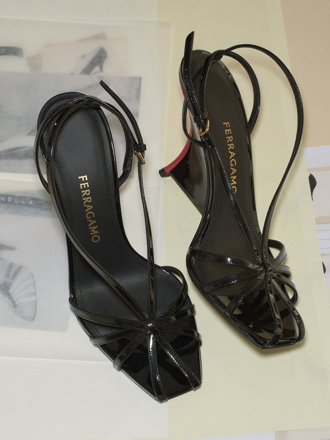 The sculptural silhouette of the F wedge heel inspires new interpretations across the Ferragamo Spring Summer 2027 footwear. #FerragamoSS27