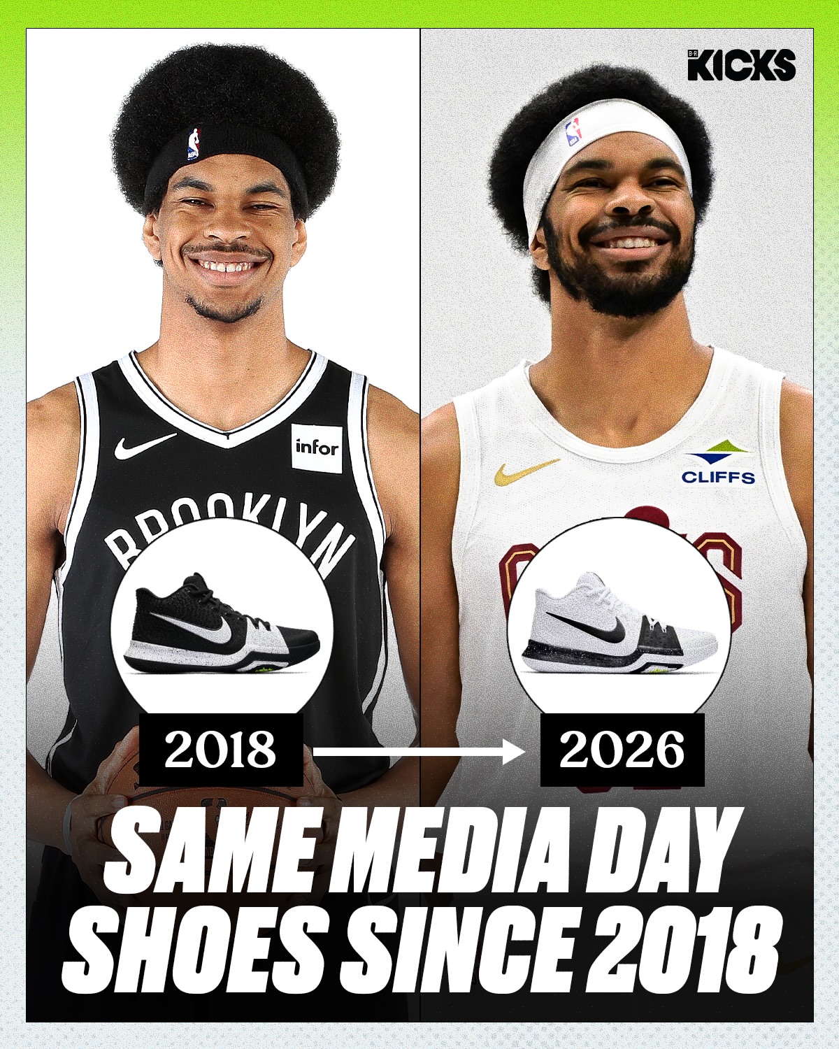 Jarrett Allen really hasn’t switched it up 😭🔥 He’s been rocking the same Nike Kyrie 3 model since 2018 Media Day