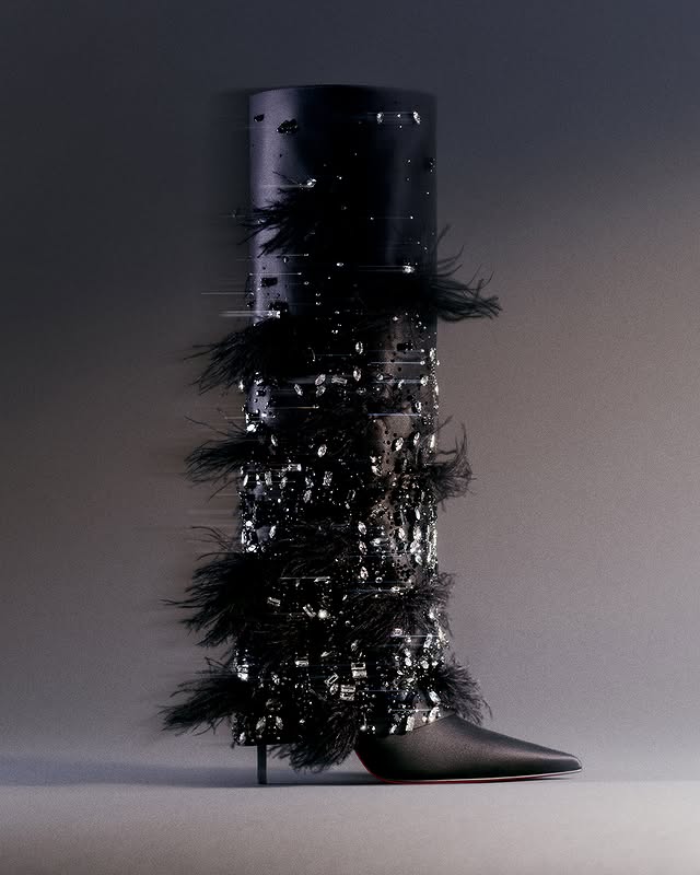 Feathers, strass and stones come together on #ChristianLouboutin’s Max In Pant Birdie, creating a playful contrast of textures. Discover more at https://cl-sns.com/4hp0dcN .