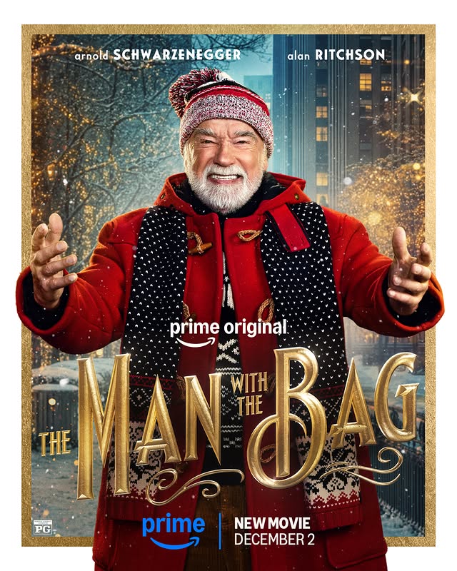 He’ll be back….Hopefully with presents. Arnold Schwarzenegger is Santa in The Man with the Bag. Coming to Prime Video December 2.