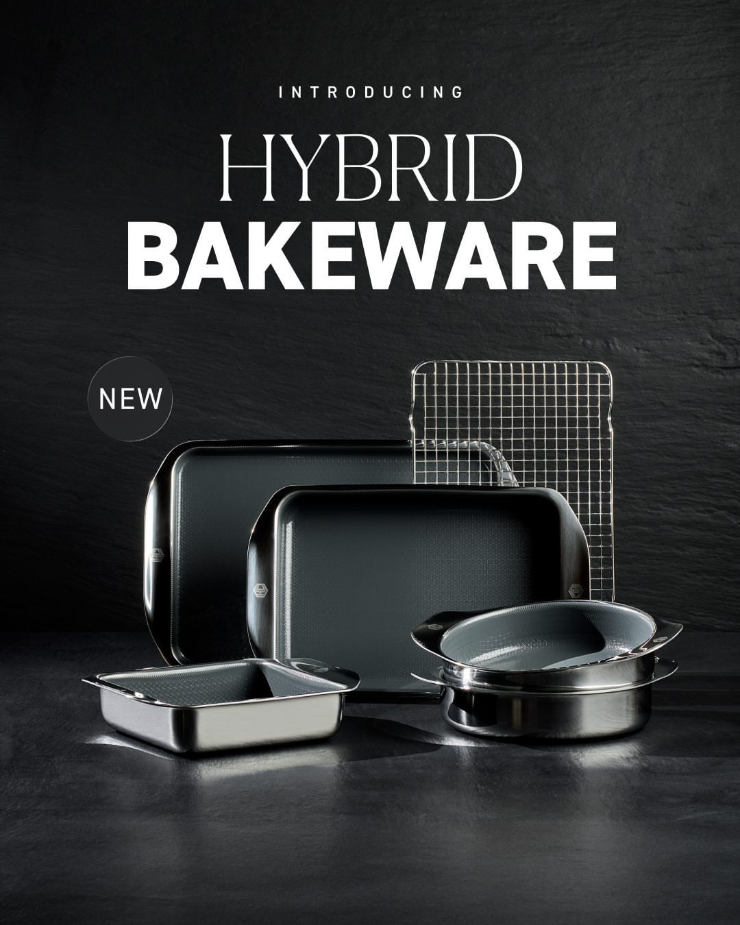 OUT NOW: Hybrid Bakeware This is the first Hybrid bakeware line of its kind. It features a patented laser-etched stainless steel and nonstick surface that lifts food away from the pan while air circulates underneath f…