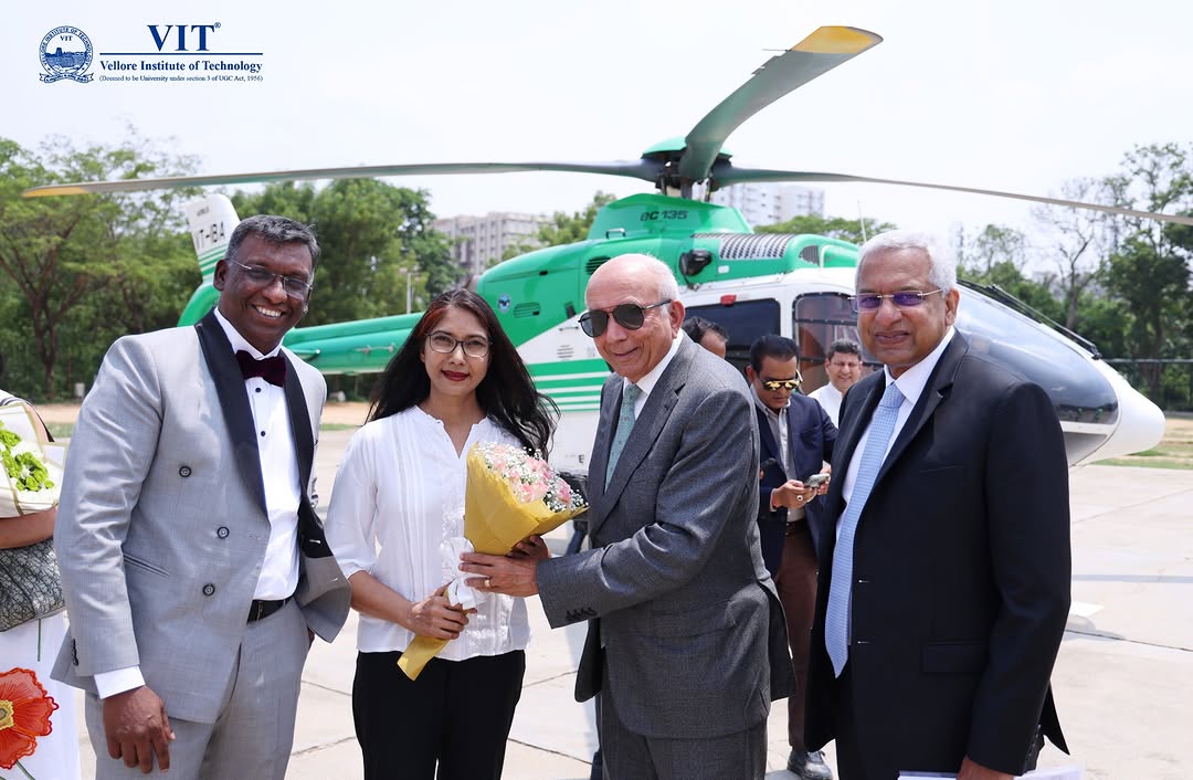Dr. Sandhya Pentareddy, Executive Director, VIT, received philanthropists, Mr. Prem Watsa, Founder, Chairman & CEO, Fairfax Financial Holdings, Canada, and his wife, Ms. Nalini Loganadhan, at the VIT Vellore helipad e…
