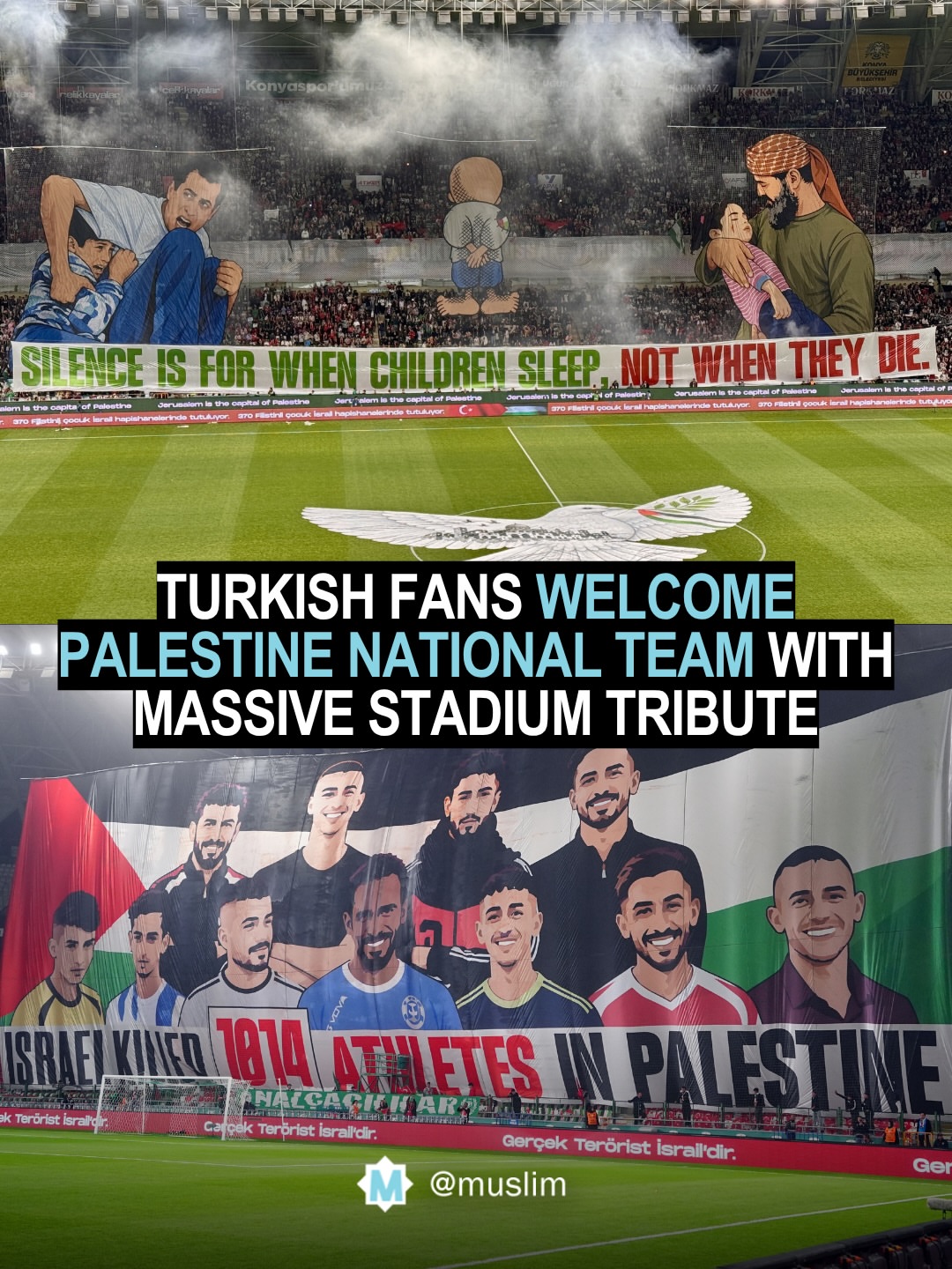 Turkish fans welcome the Palestine National team with massive stadium tribute. 🇵🇸 🇹🇷 🥹 Thousands of football fans in Türkiye filled the stands with a powerful tribute to Palestine during a friendly between Konyas…