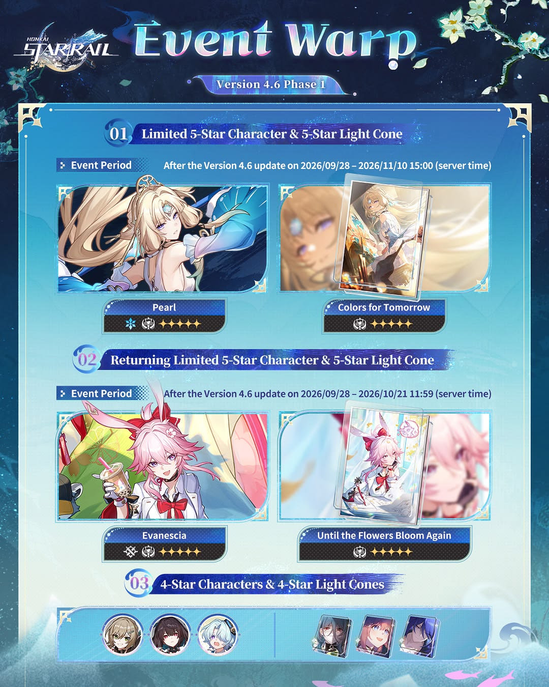 Version 4.6 Event Warp: Phase I Hello, Trailblazers! The drop rates for the limited 5-star character Pearl (Elation: Ice) and the limited 5-star Light Cone "Colors for Tomorrow (Elation)" will be boosted for a limited…