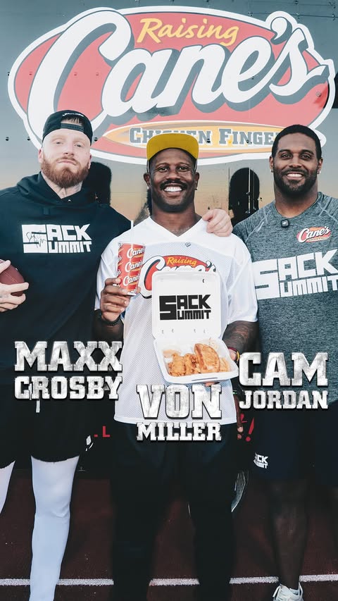 @maxxcrosby and @camjordan94 are going head to head on Sunday but they agree on one thing with @vonmiller! @raisingcanes bringing the fuel! #SackSummit
