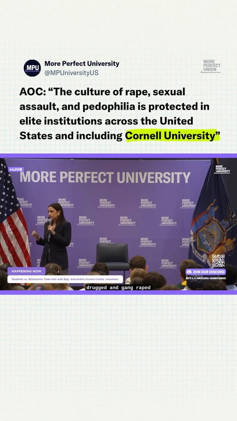 AOC spoke to Cornell students and the Ithaca community at an event with More Perfect University. She called out Cornell University, and shared her message to sexual assault survivors: “The fact that Jane Doe, that sur…