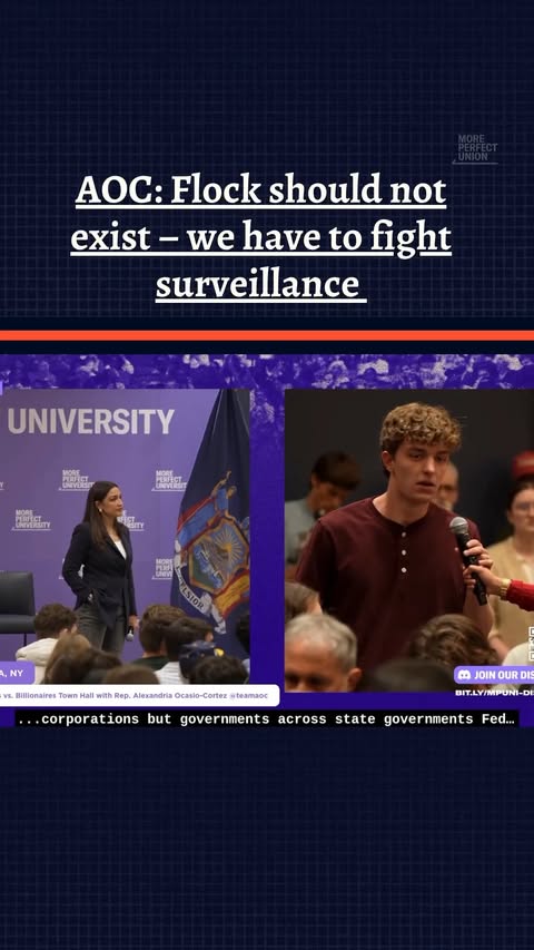 AOC spoke to Cornell students and the Ithaca community at an event with More Perfect University. Responding to a question about surveillance she said: "To me the idea that Flock cameras even exist is unconscionable. A…