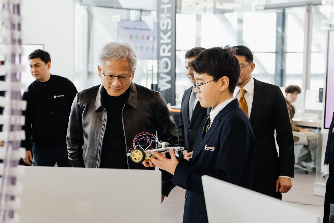 Our CEO Jensen Huang met the next generation of Al builders in Astana. At @alem.ai_, he spent time with students and startups and joined Deputy Prime Minister @zhaslanmadiyev to discuss Kazakhstan’s Al future. Jensen’…