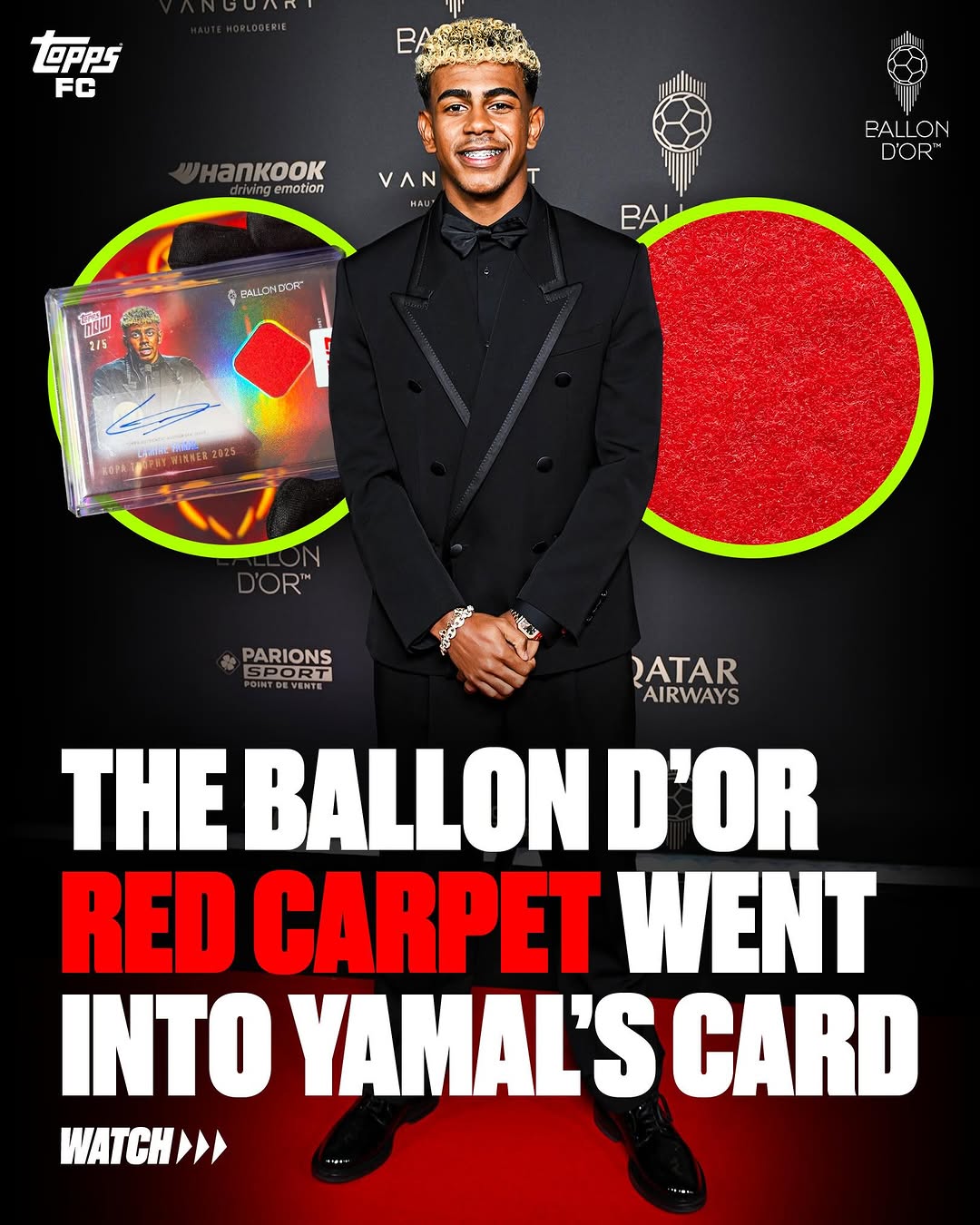 The actual red carpet Lamine Yamal walked on at the 2025 Ballon d’Or, where he collected the Kopa Trophy, has gone inside an autographed trading card! 🤯🏆✍️ Follow @toppsfc for all the latest upcoming Ballon d’Or tra…