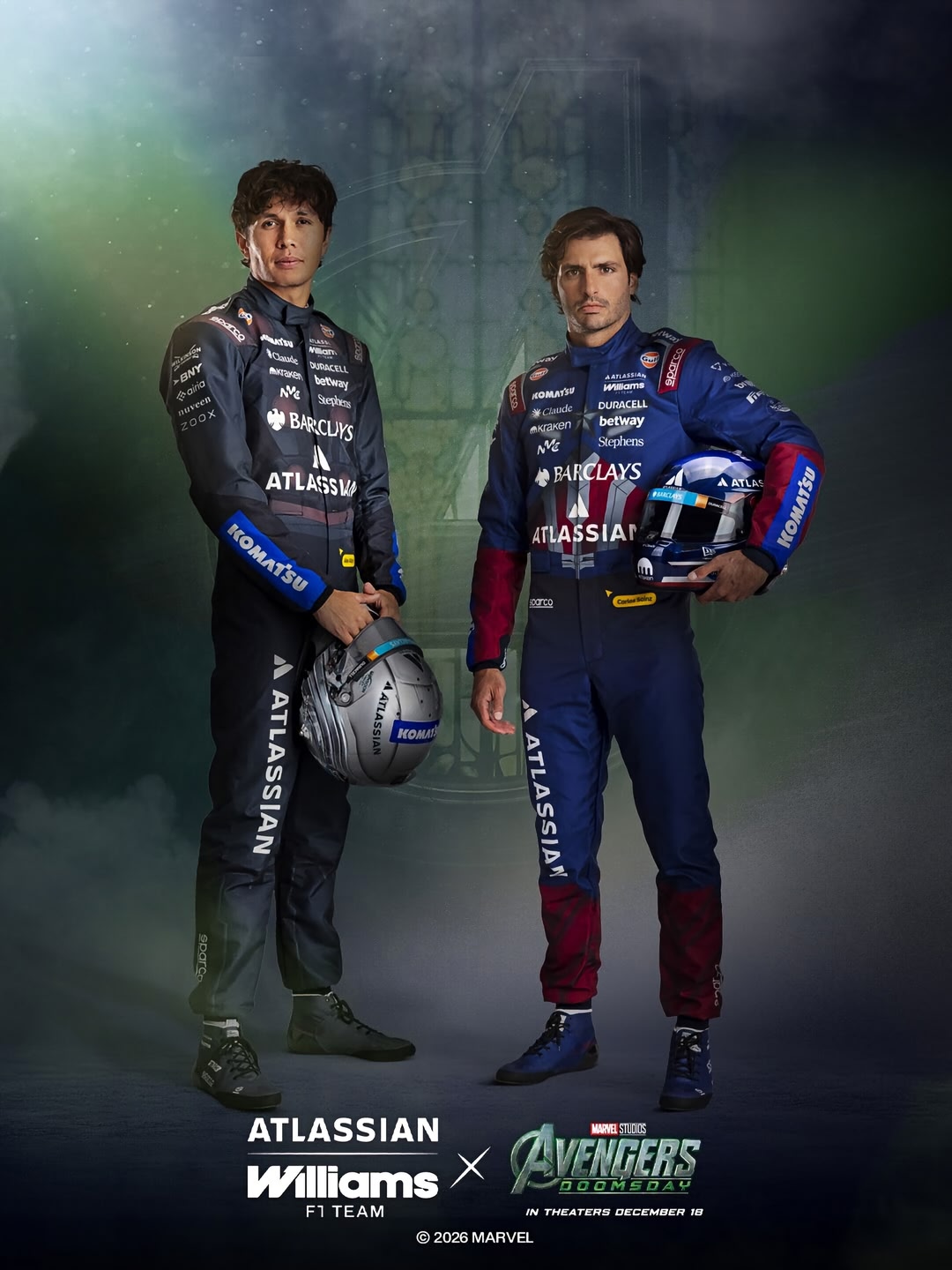 Super Hero mentality, unlocked. Alex Albon and Carlos Sainz take on COTA in one-off Marvel race suits and helmets as we promote Avengers: Doomsday. #AtlassianWilliamsF1Team #Marvel #AvengersDoomsday #USGP #AvengersAss…