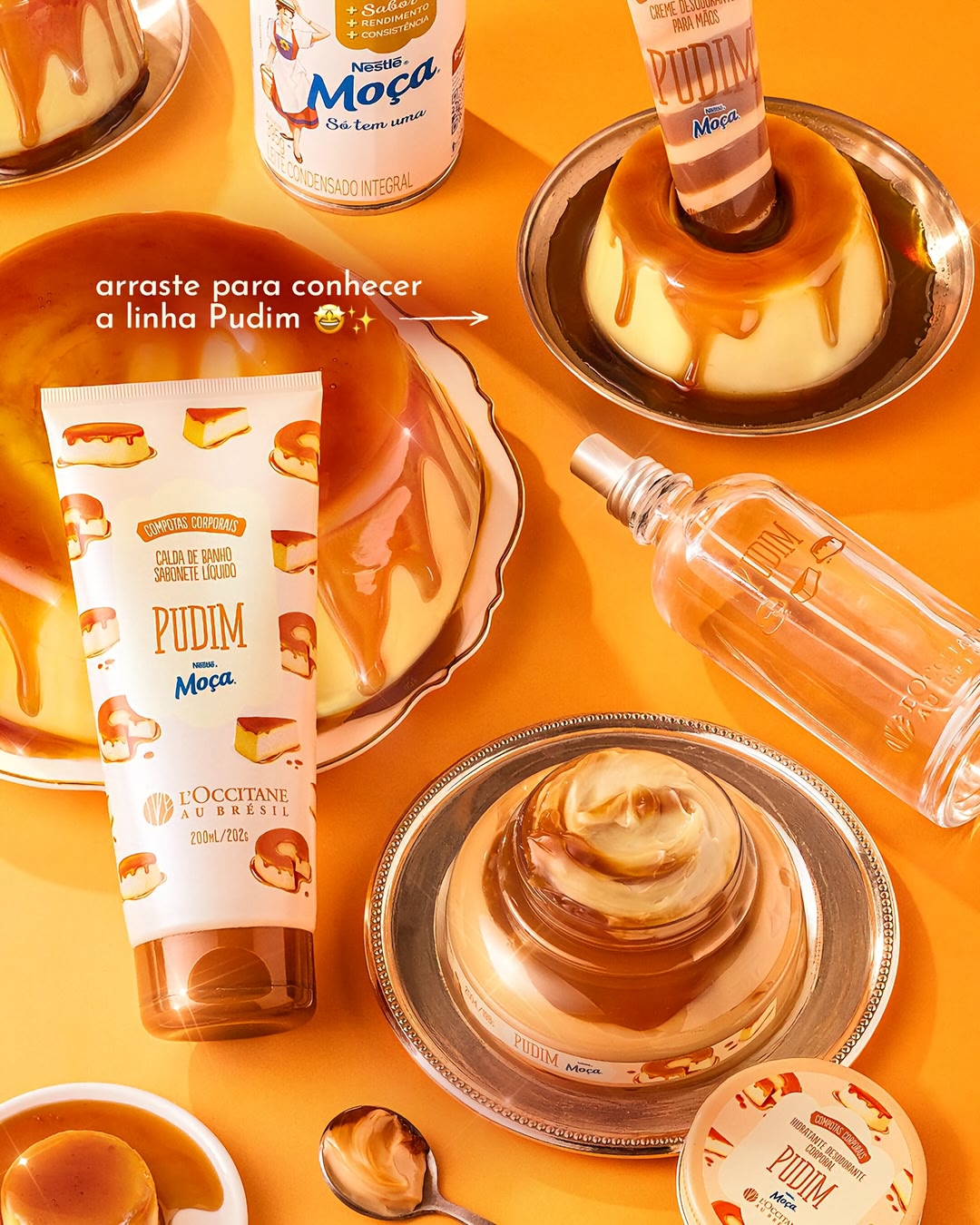 Arraste para o lado para descobrir TUDO sobre a minha novidade: Compotas Corporais Pudim! 🍮 🫧 Calda de Banho Sabonete Líquido: limpa a pele com textura fluida que lembra a calda de caramelo 🧴 Hidratante Desodorante…