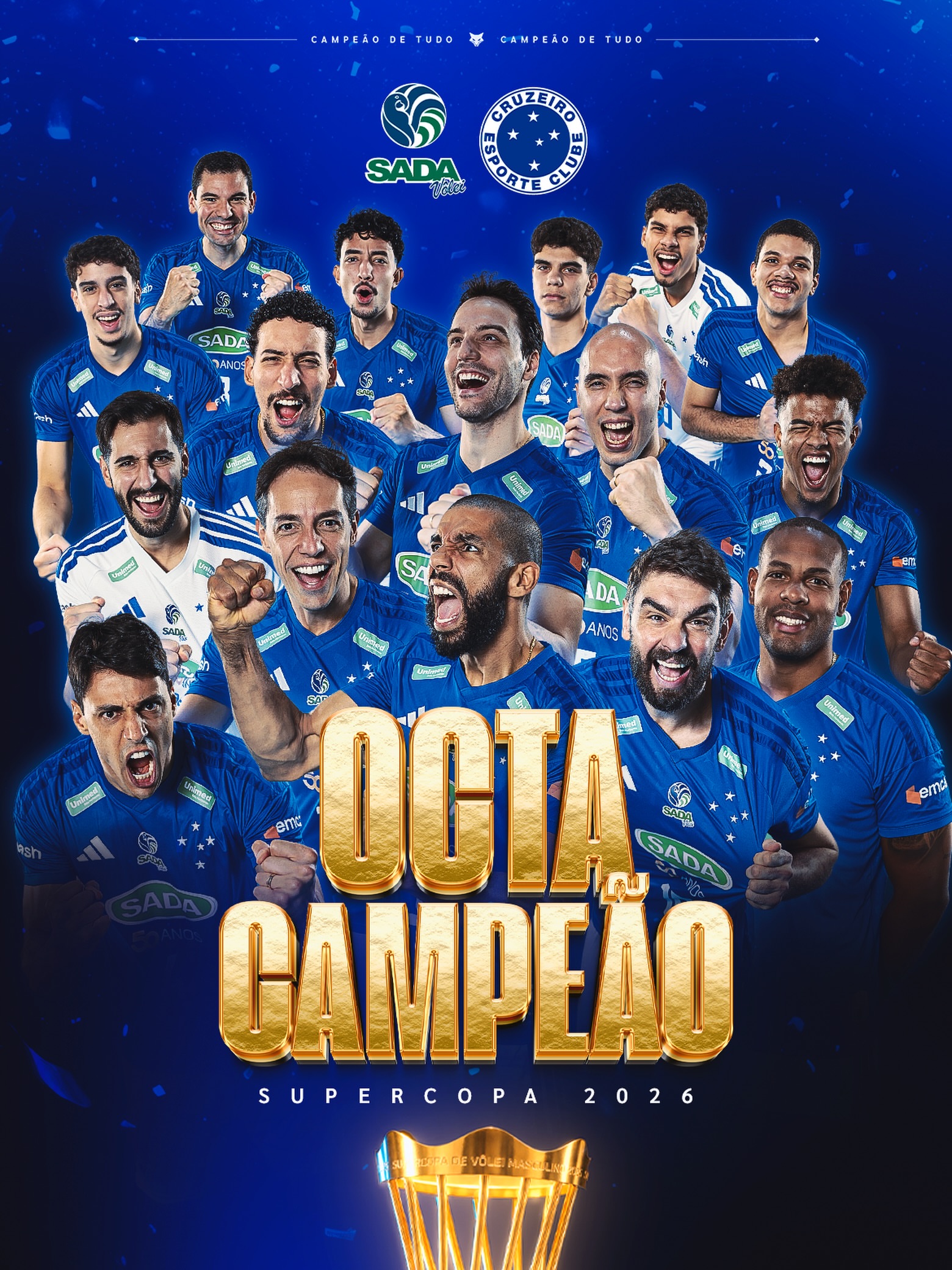 É CAMPEÃAAAAAAO!! É OCTACAMPEÃO!!! O Sada Cruzeiro fez 3 sets a 2 sobre o Vôlei Renata em um jogo acirrado em São José-SC, e garantiu o troféu nacional! As parciais foram 23/25, 25/21, 25/20, 22/25 e 17/15. A Supercop…