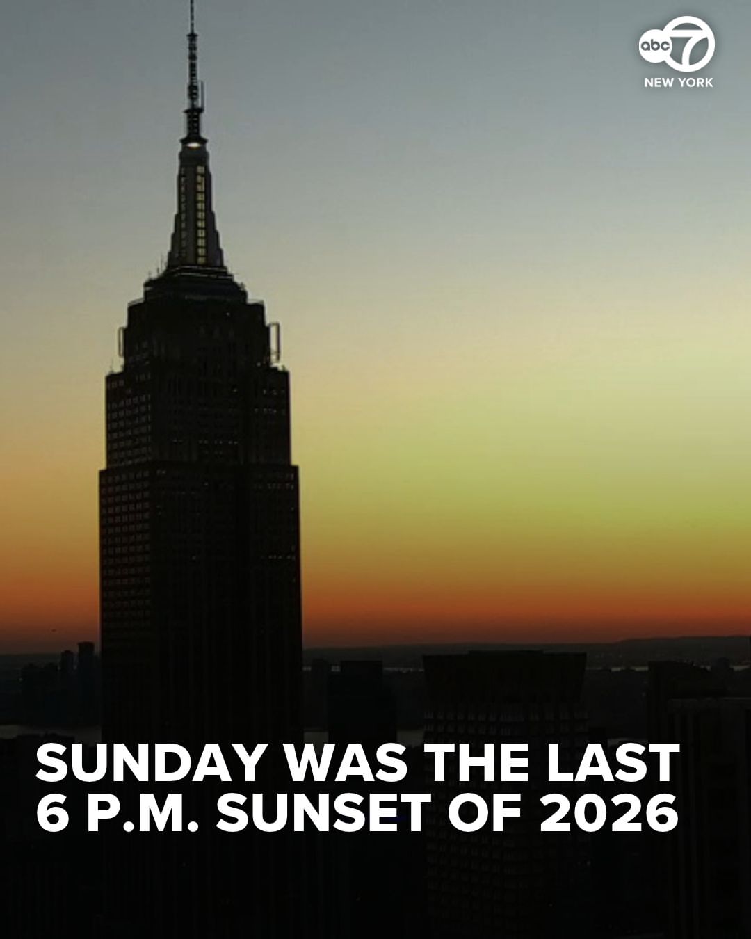 The next time the sun sets at 6 p.m. or later will be in 2027. After the clocks 'fall back' next Sunday, the sun will set at 4:52 p.m. Link in bio for more. #abc7NY