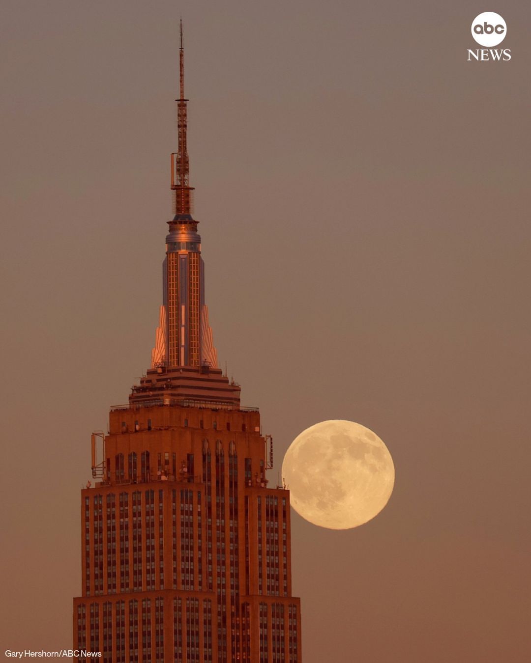 October's "Hunter's Moon" was captured rising behind the Empire State Building on Sunday as the sun set in New York City, as viewed from Hoboken, New Jersey.
