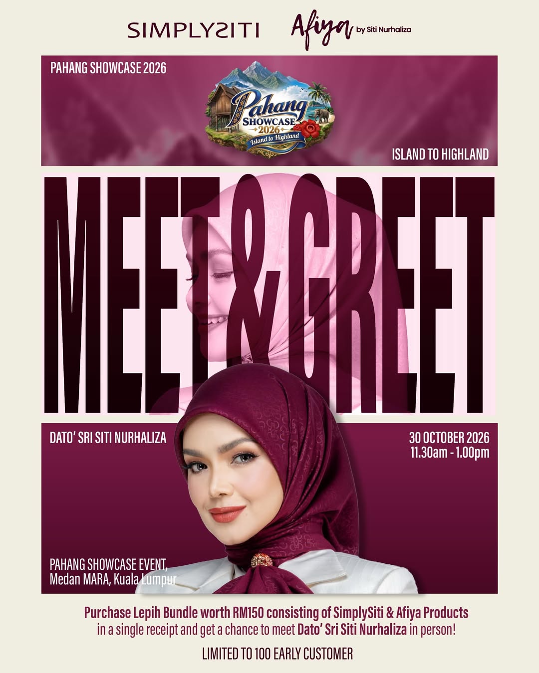 NAK JUMPA DATO’ SRI SITI NURHALIZA?! INILAH MASA KORANG! Kami dah sediakan EXCLUSIVE BUNDLE SET SimplySiti x Afiya khas untuk uolls! Bukan sekadar shopping, tapi korang berpeluang untuk MEET & GREET dengan Dato’ Sri S…