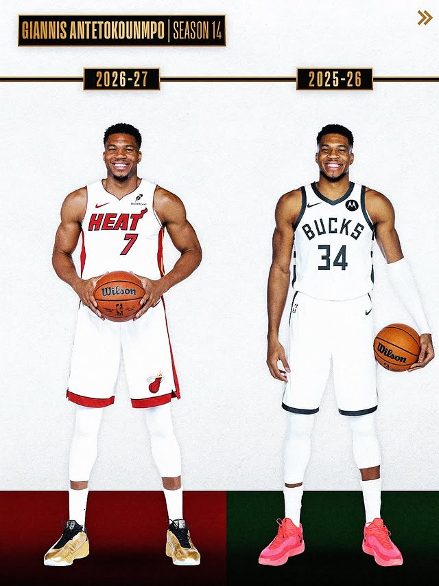 Year 14 ➡️ Year 1 for @giannis_an34 at NBA Media Day 🙌 The Greek Freak makes his @miamiheat debut against the Timberwolves Wednesday, Oct. 21 on ESPN!