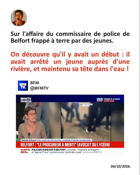 Sur l'affaire du commissaire de police de Belfort frappé à terre par des jeunes. On découvre qu'il y avait un début : il avait arrêté un jeune auprès d'une rivière, et maintenu sa tête dans l'eau ! #lycées #blocus