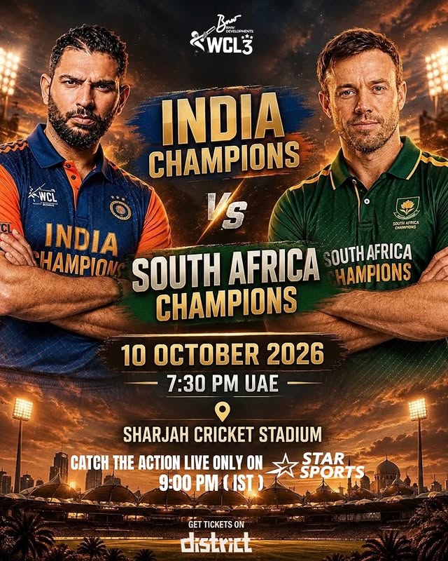🇮🇳 India Champions VS 🇿🇦 South Africa Champions Two legends. One massive battle. 💥 📅 10 October 2026 📍 Sharjah Cricket Stadium ⏰ 7:30 PM UAE | 9:00 PM IST 📺 Watch it LIVE on @starsportsindia Get Tickets on @di…