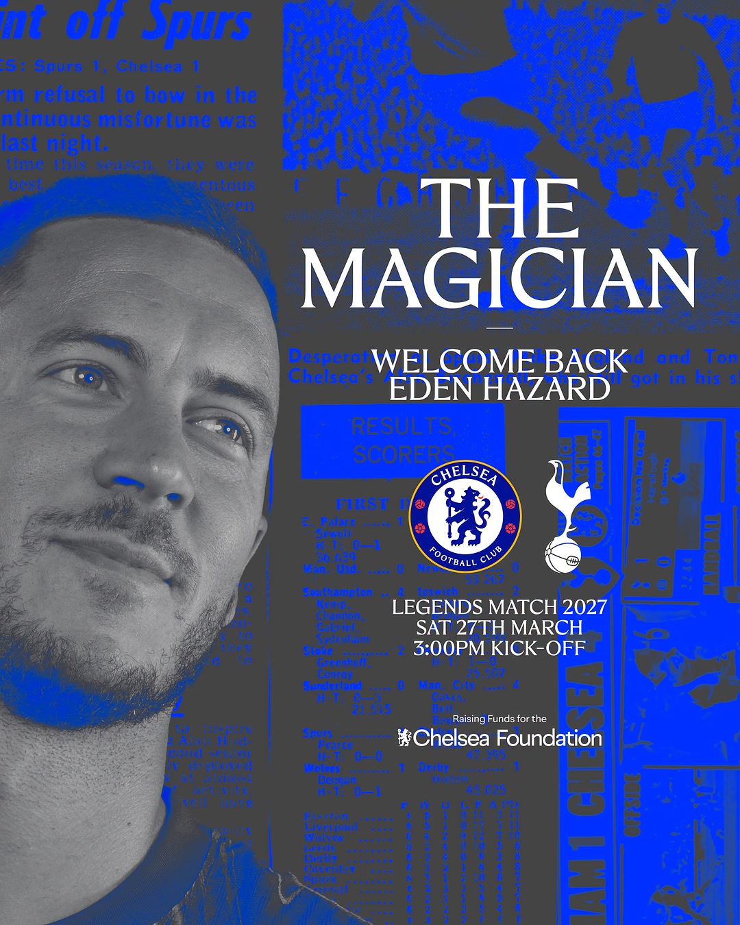 The magician is back at the Bridge. 👏 Eden Hazard returns on Saturday 27 March for Chelsea FC Legends vs Tottenham Hotspur Legends. Tickets are now on general sale with all proceeds supporting @chelseafcfoundation. 🎟️