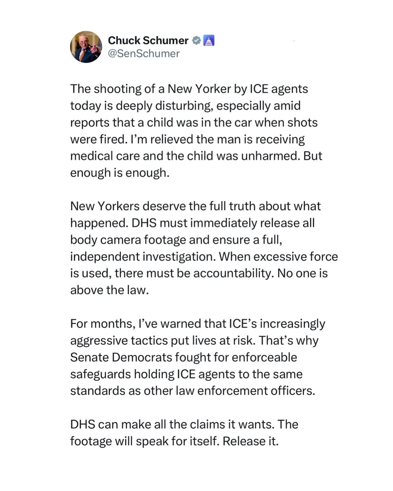 The shooting of a New Yorker by ICE agents today is deeply disturbing, especially amid reports that a child was in the car when shots were fired. I’m relieved the man is receiving medical care and the child was unharm…