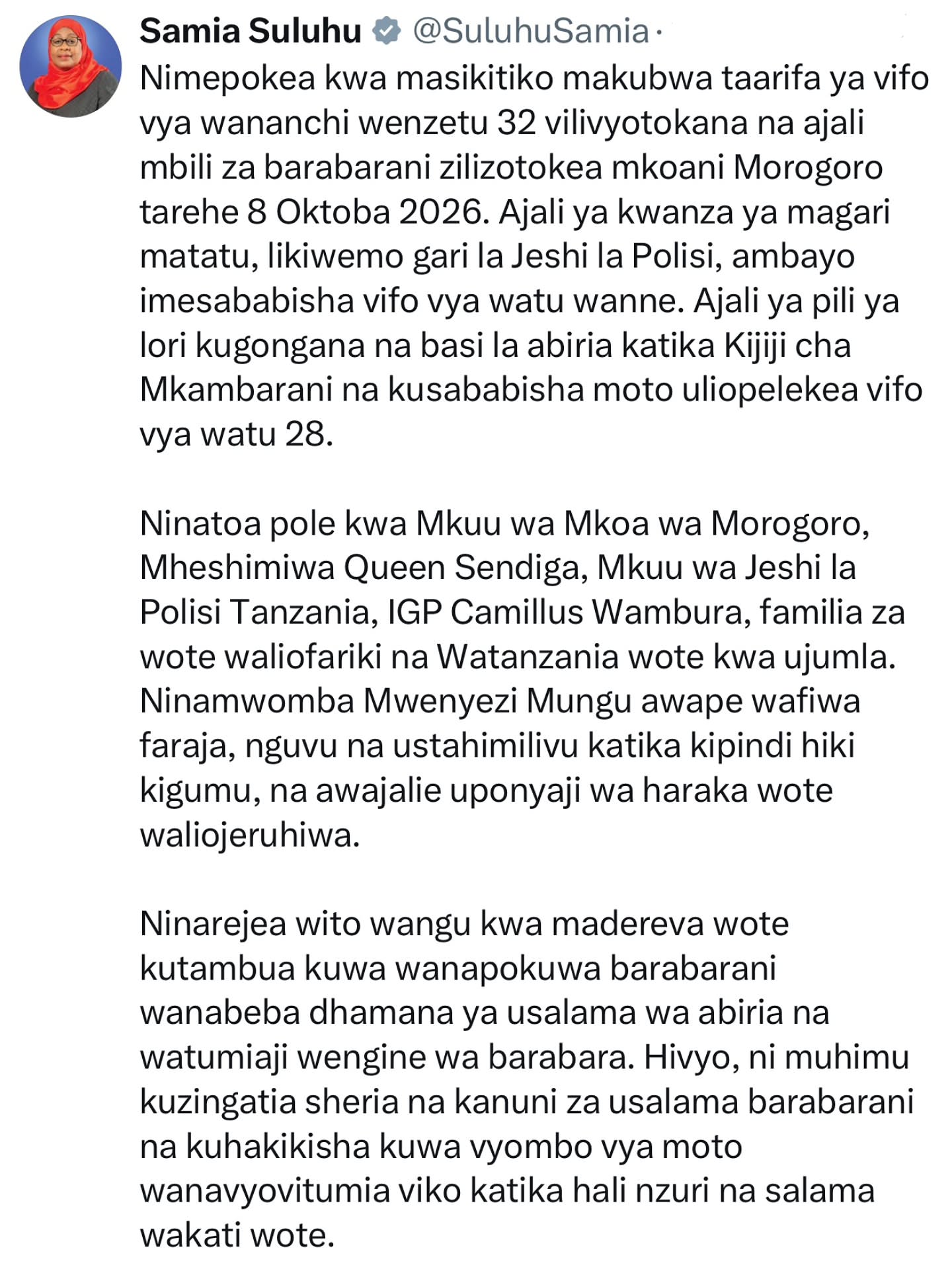 Post di Samia Suluhu Hassan