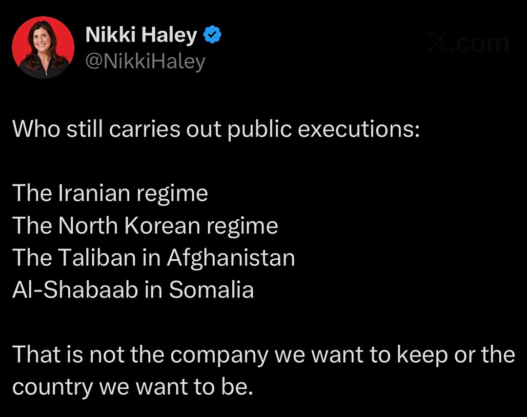 Who still carries out public executions: The Iranian regime The North Korean regime The Taliban in Afghanistan Al-Shabaab in Somalia That is not the company we want to keep, or the country we want to be.