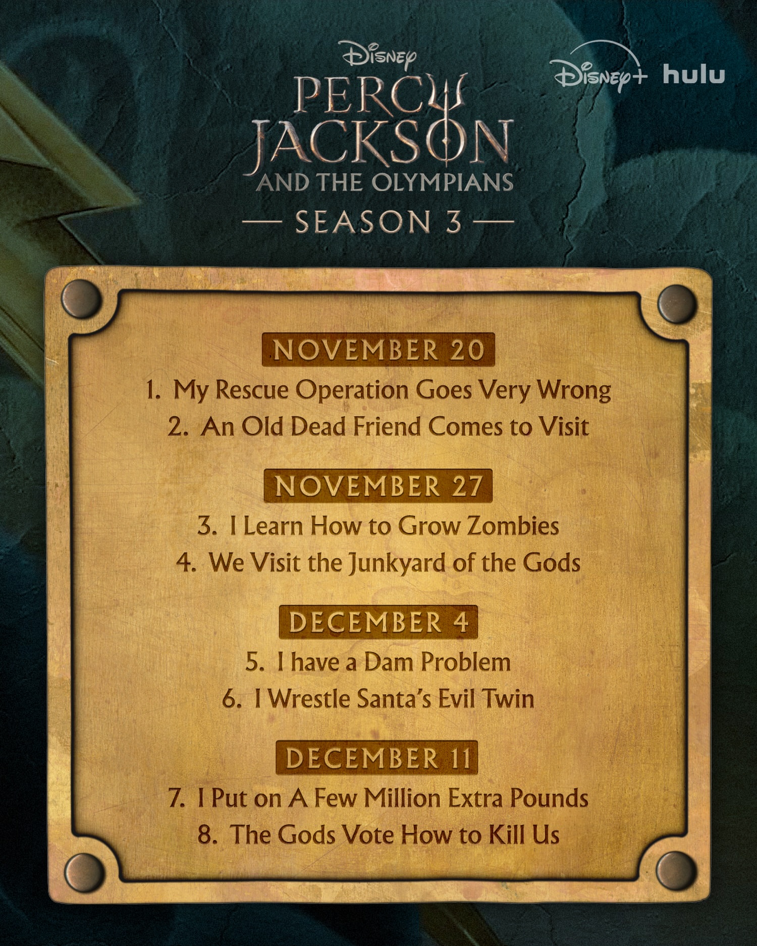 Heroes, hunters, and half-bloods: this one’s for you. The two-episode premiere of #PercyJackson and the Olympians Season 3 is coming to Disney+ and Hulu on November 20.