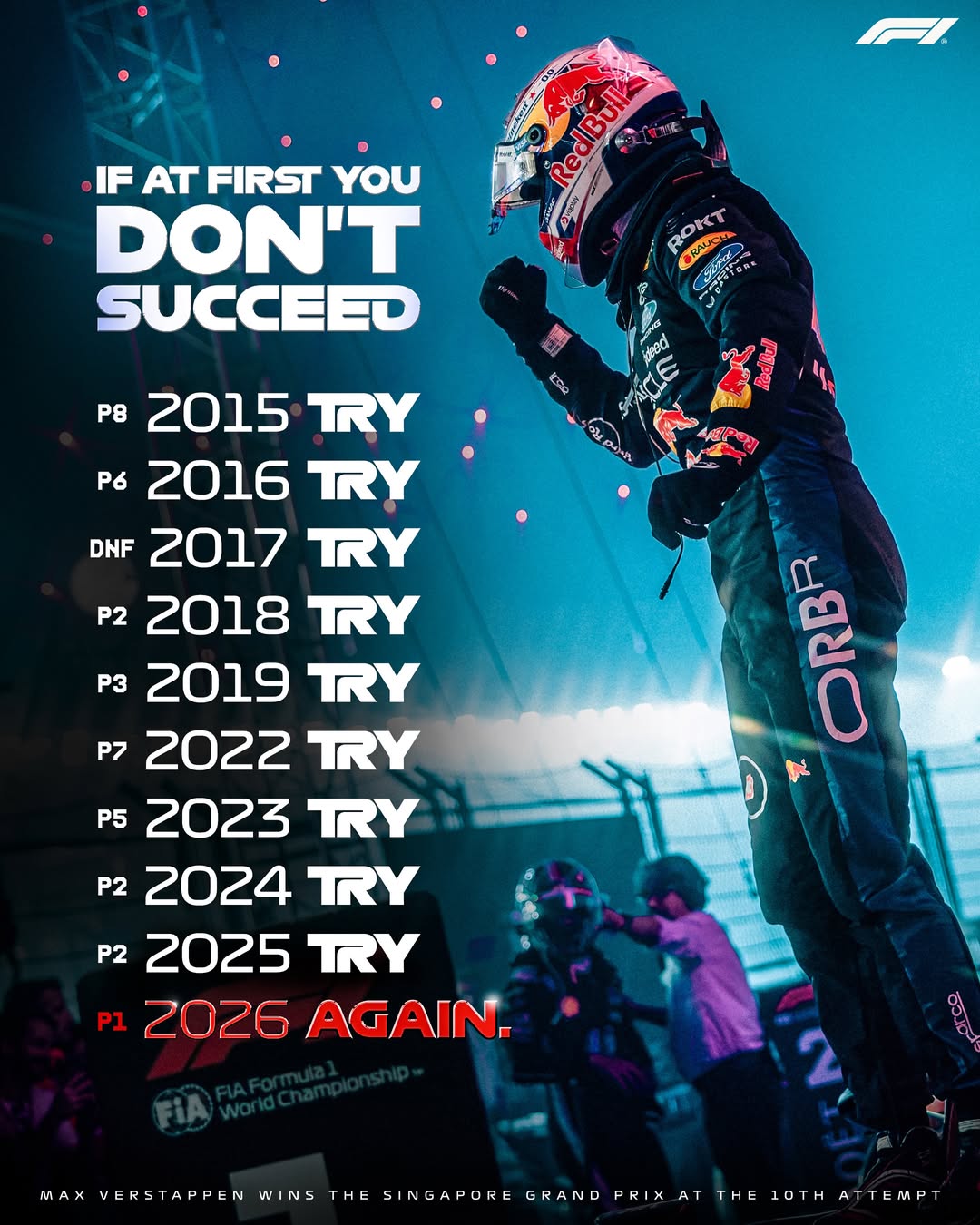 Tenth time lucky... 🙌 Singapore Grand Prix conquered for Max Verstappen ✅ #F1 #Formula1 #SingaporeGP