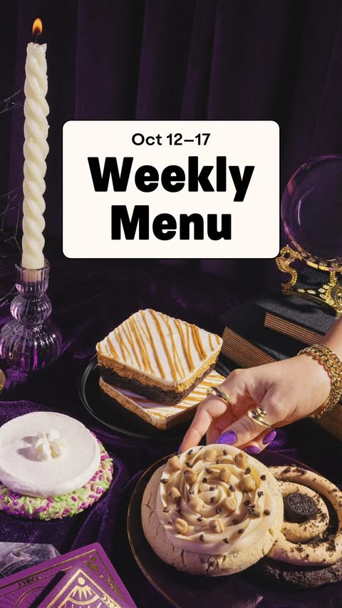 This menu is scary good. 👻💜 Oct 12–17 ↓ 🖤 WEEKLY ROTATING MENU 🖤 🤎 COOKIE DOUGH CAKE COOKIE A warm brown sugar cookie packed with mini semi-sweet chips, crowned with velvety cookie dough-inspired buttercream, the…
