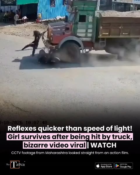 A young woman narrowly escaped being crushed under a speeding truck in Maharashtra’s Ahilyanagar after a terrifying collision with her scooter. In a remarkable display of quick reflexes, she managed to grab onto the t…