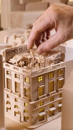 Miniature Faubourg 🌳 🏢 Put the finishing touches to a flagship store. Wood for thought by @thibautmalet Music by @pascal_armand #AStoreIsBorn #RoofCrop #Hermes