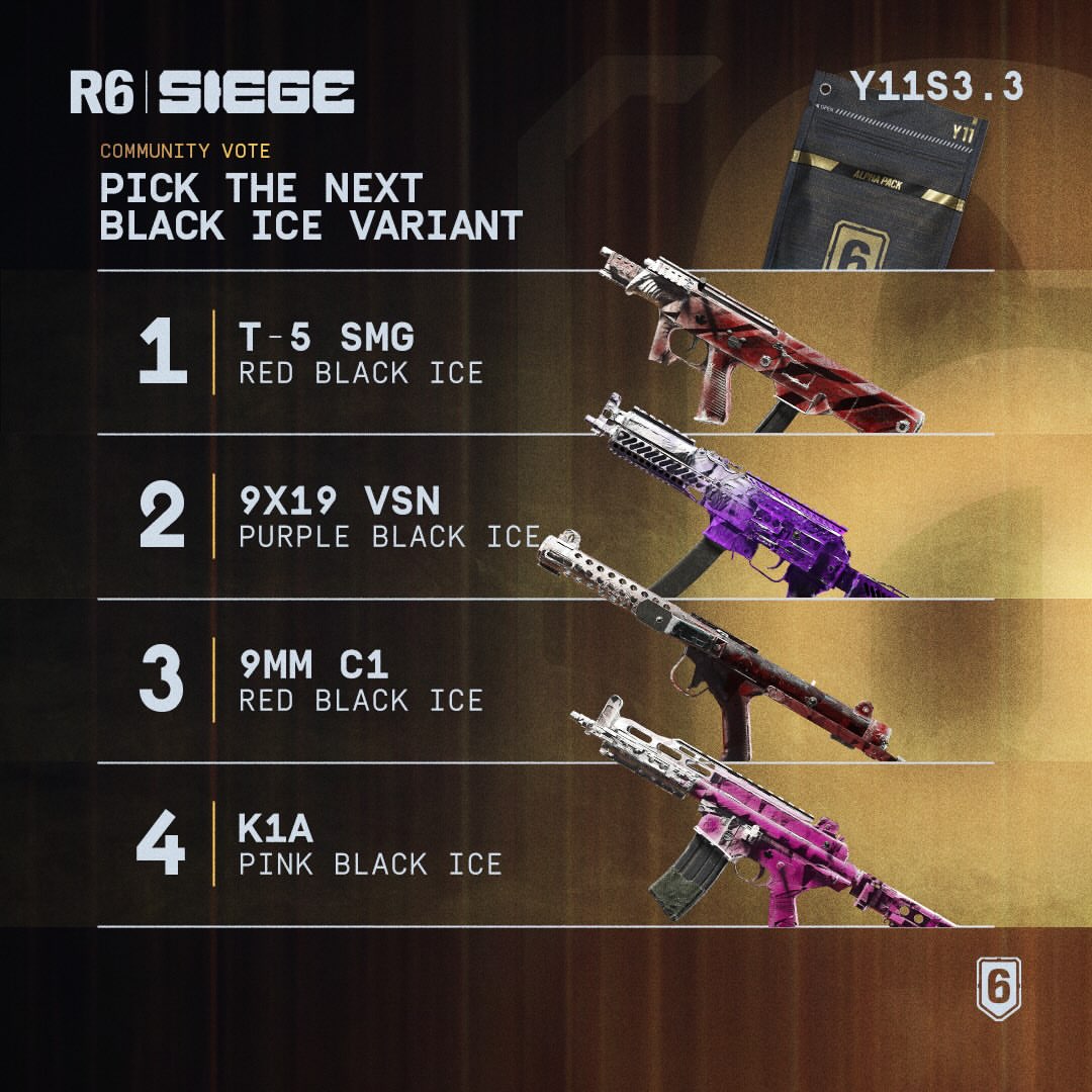 Vote on which of the four Black Ice skins should be added to Alpha Packs! 📊 Poll closes on Oct 22, so don’t miss out on your chance to vote! The winner will be revealed on Nov 3. 🔥