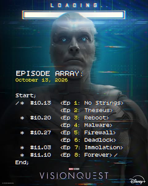 function watchVisionQuest() { // EDIT: source code updated return "Episode Guide - OCTOBER 13"; } Marvel Television's #VisionQuest premieres tomorrow at 6PM PT, only on Disney+.