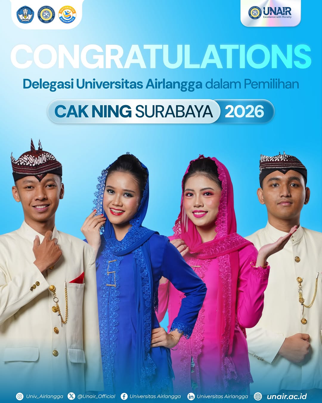 Selamat kepada delegasi Universitas Airlangga atas raihan Ning Surabaya 2026, Cak Favorit 2026, serta pencapaian sebagai finalis dalam Pemilihan Cak Ning Surabaya 2026! 👏 Teruslah menginspirasi dan berkontribusi dala…