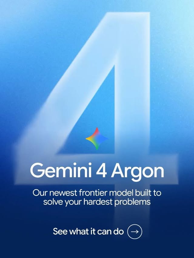 Gemini 4 Argon is here — our newest frontier is built to help you tackle your hardest problems 🧠✨ Gemini 4 Argon is available globally for developers and enterprises via the API in AI Studio and Gemini platform, for …