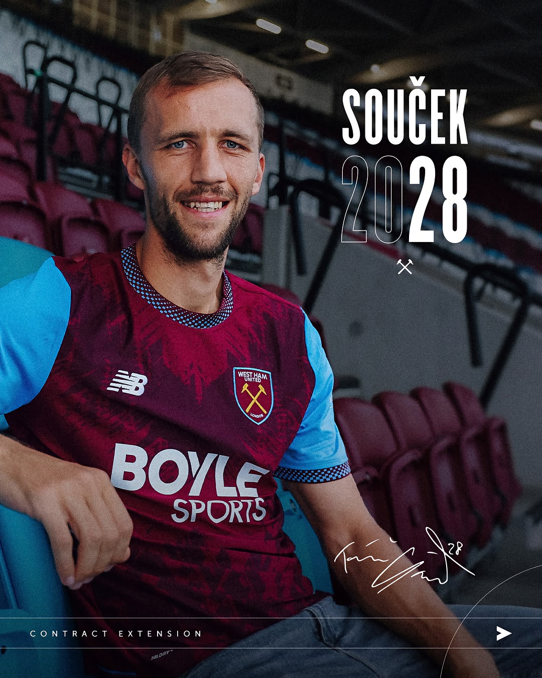 West Ham United is delighted to announce that Tomáš Souček has signed a new contract until the summer of 2028 ✍️