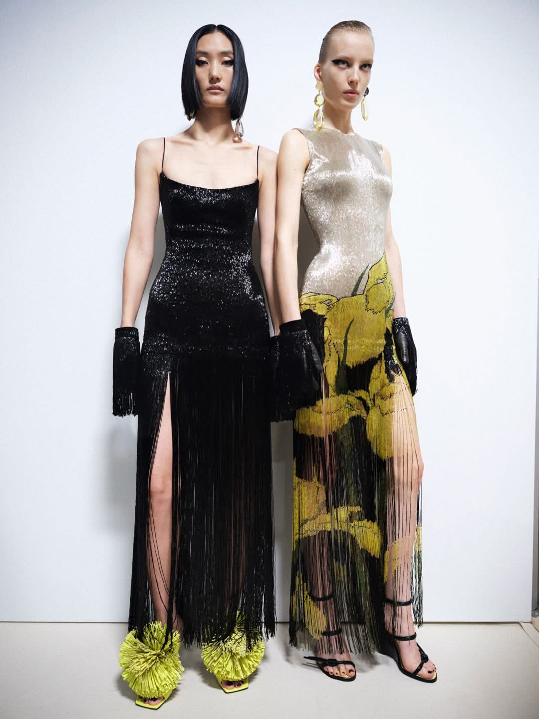 Lina and Alina. The embroidered sliced fringed dress. Givenchy by Sarah Burton