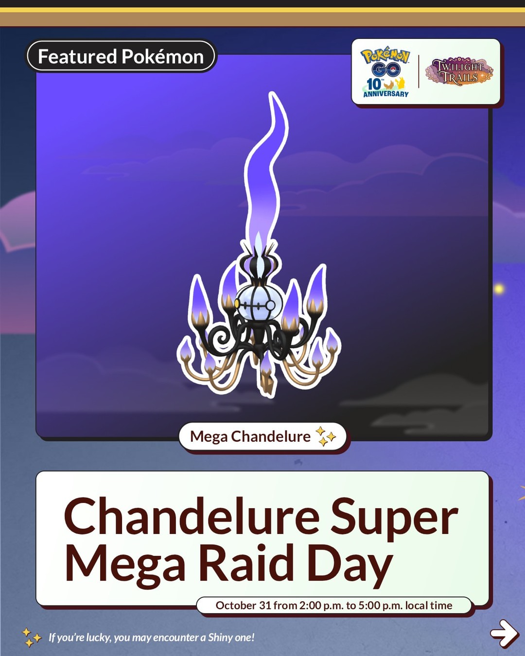 The adventures are about to heat up, Trainers! Mega Chandelure makes its #PokemonGO debut in Super Mega Raids! 🔥🔥🔥 🔥🔥🤩 October 31 from 2:00 p.m. to 5:00 p.m. local time. https://pokemongo.com/news/chandelure-sup…