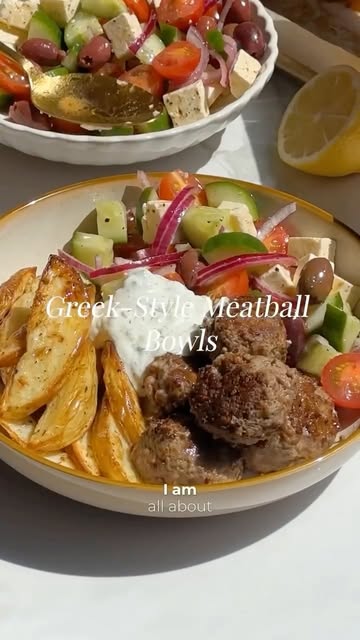 GREEK-STYLE MEATBALL BOWLS ✨ This is one of my most popular dinner recipes... ever! The perfect mix of juicy herbed meatballs, roasted potato wedges, a fresh and bright Greek salad, and finished with a dollop of tzatz…