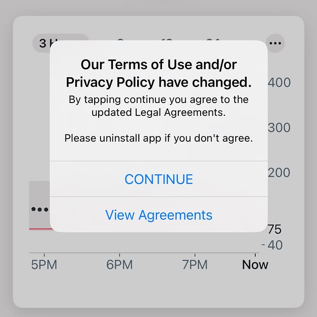 I will have more to say on this but as a privacy researcher this is the most coercive [expletive] I’ve ever seen. @dexcom I appreciate your apology yesterday, but I got this popup today and I just had to agree to 22,0…