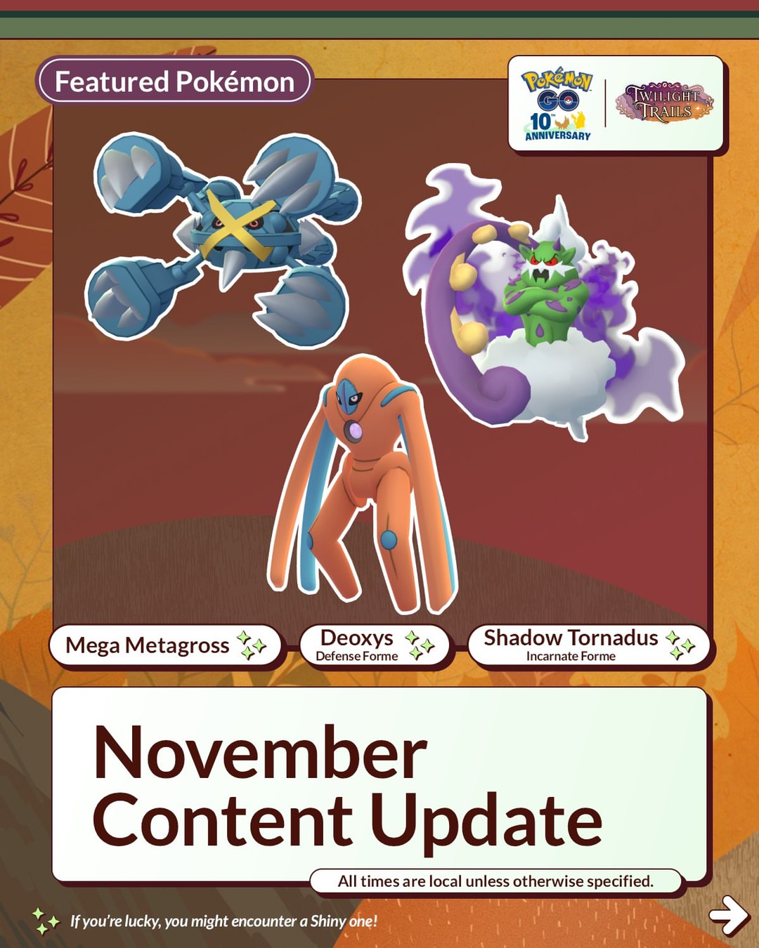 Trainers, get ready to take a walk on the wild side in November with #PokemonGO! 🌄🤩 The content update for November is filled with adventures like GO Wild Area 2026: Global, Into the Wild, Twilight Wishes, and more!
