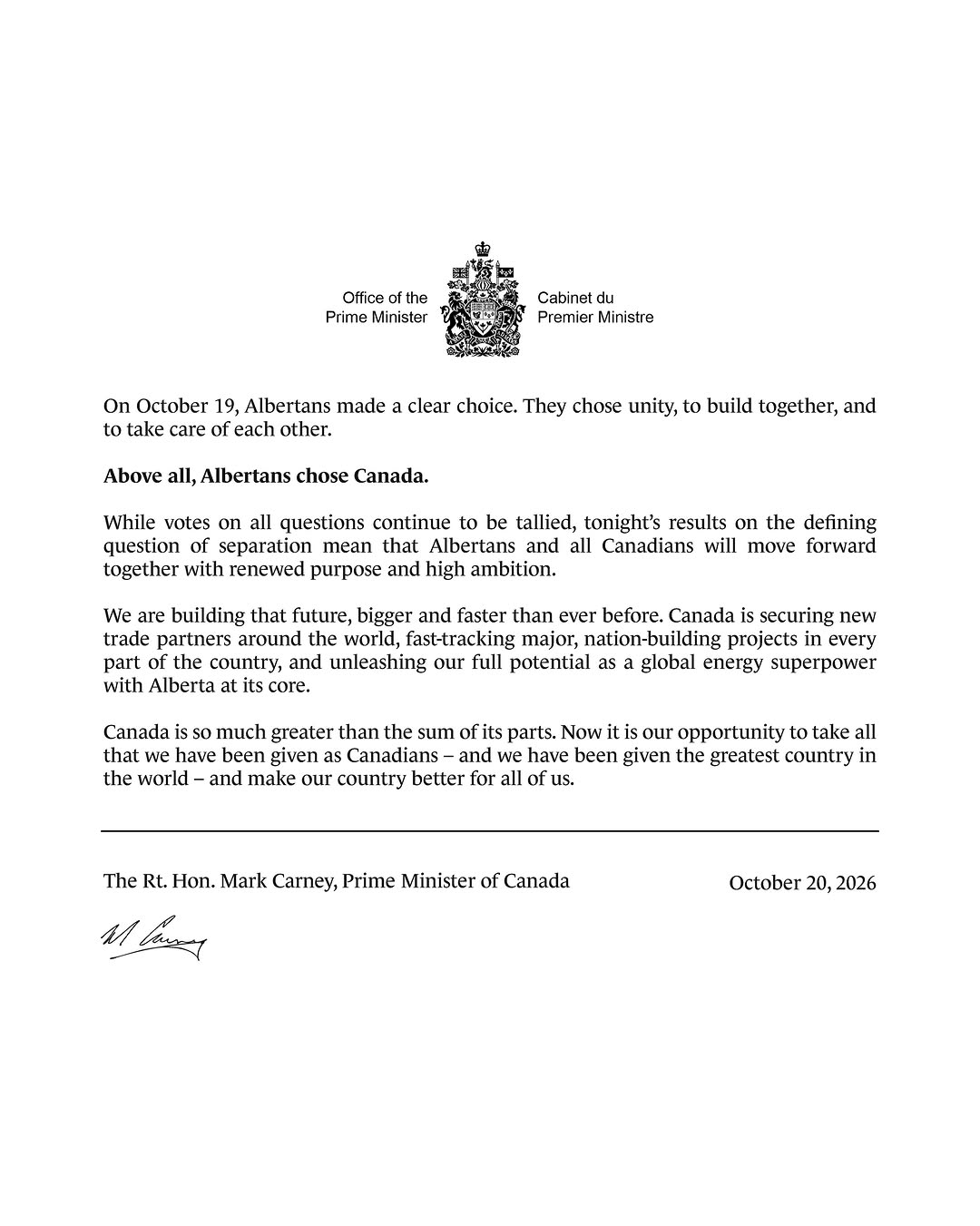 My statement on Albertans choosing to build a stronger Canada, together. — Ma déclaration sur le choix des Albertaines et des Albertains de bâtir un Canada plus fort, ensemble.