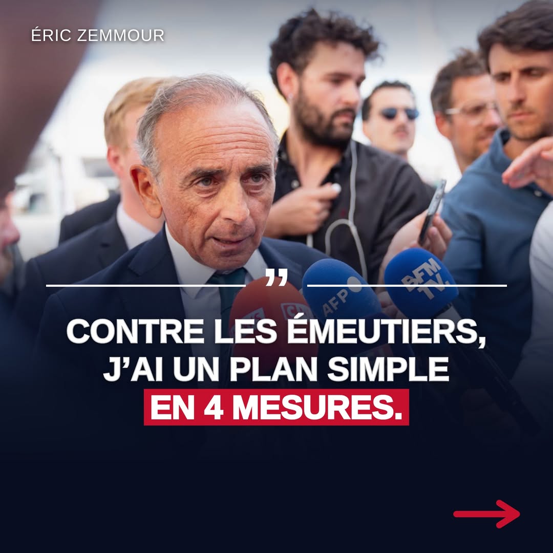 Contre les émeutiers, j’ai un plan simple en 4 mesures. 1️⃣ Je rétablis la loi anti-casseurs, que François Mitterrand a abrogée. 2️⃣ Je rétablis les peines planchers, pour que les juges prononcent un minimum de sancti…
