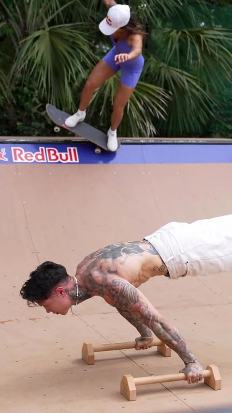 Chris Heria taught Leticia Bufoni how to handstand 🤸🏽‍♀️now the six-time X Games gold medalist is teaching him her best skateboarding tricks! 🛹🔥 Calisthenics vs. skateboarding: who’s teaching who? Watch the full v…