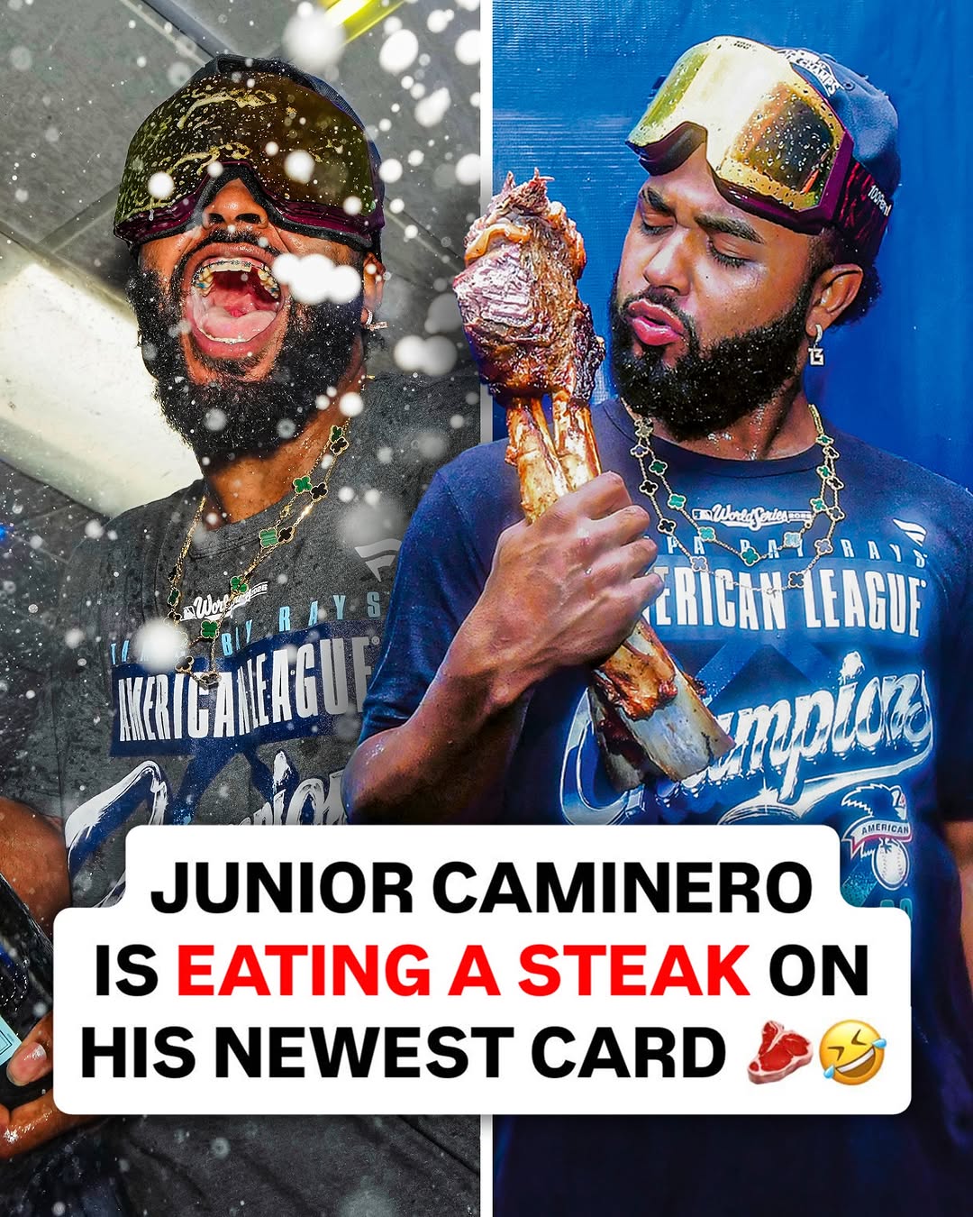 TOMAHAWKS IN TAMPA BAY 🥩🤣 Junior Caminero celebrated the Rays clinching the ALCS with a steak in the postgame lockeroom 🔥 Collectors who purchase the standard edition of his newest card have a chance to receive thi…