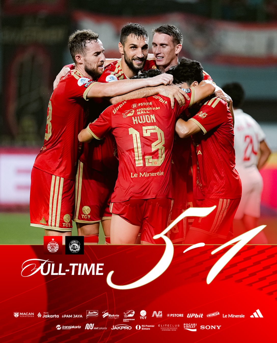 𝗙𝗨𝗟𝗟 𝗧𝗜𝗠𝗘. Persija 5-1 Arema FC. Tiga poin penting untuk Macan Kemayoran! 👆🏻🔴 #PersijaDay #BRISuperLeague #Persija