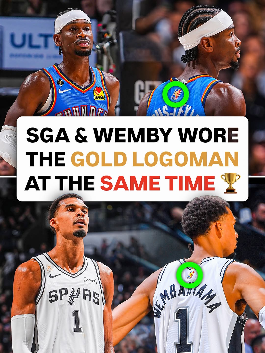 Shai Gilgeous-Alexander & Victor Wembanyama tipped off the season in the Gold Logoman last night 🏆 Worn exclusively by the reigning MVP, DPOY, and ROTY, the prestigious Gold Logoman patch is removed from jerseys afte…