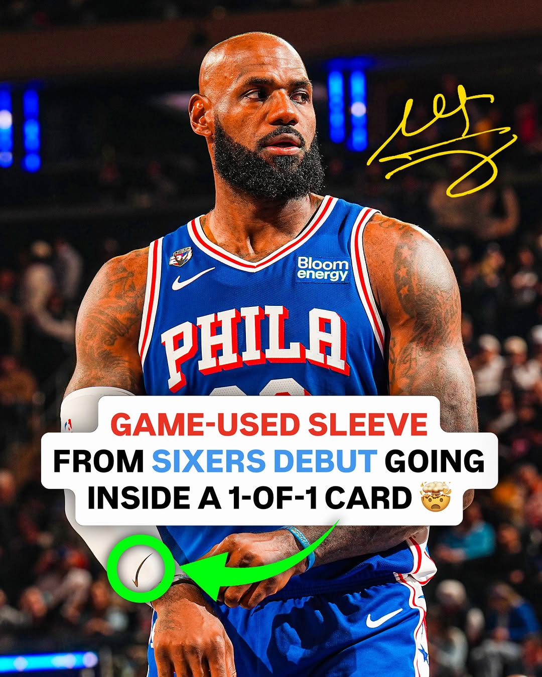 JUST IN: We’ve acquired the shooting sleeve @kingjames wore in his Sixers debut, and it’s going inside a 1-of-1 autographed trading card. One collector who orders the base version of this card will receive the 1/1 aut…