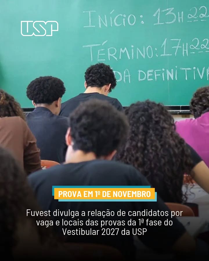 👥 | A Fuvest antecipou em um dia a divulgação dos locais de prova da 1ª Fase do Vestibular 2027. Os candidatos que concorrem a uma vaga na USP poderão consultar a lista no site da fundação, na Área do Candidato, a pa…