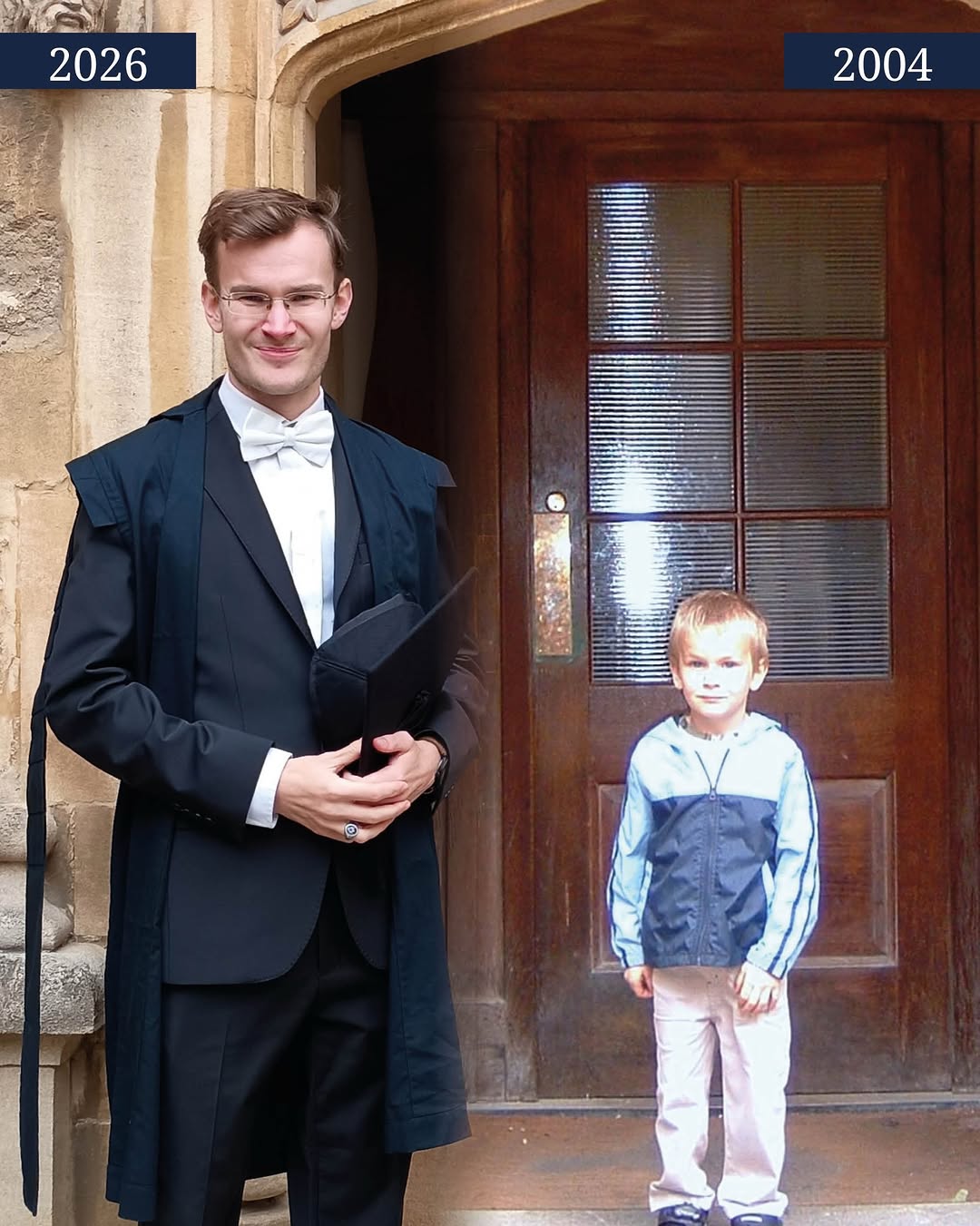 22 years later, a dream come true 🥹 In 2004, six-year-old Matthew Berto had his photo taken by his dad outside a @bodleianlibraries doorway. Fast forward to 2026, and Matthew is standing in the same spot, this time a…